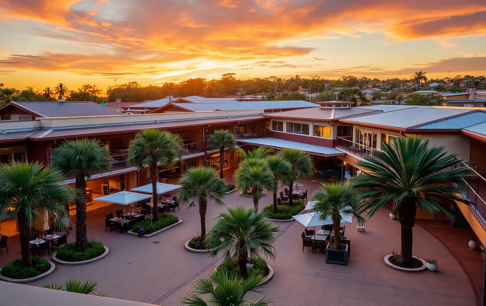 Palm-lined community retail plaza at sunset