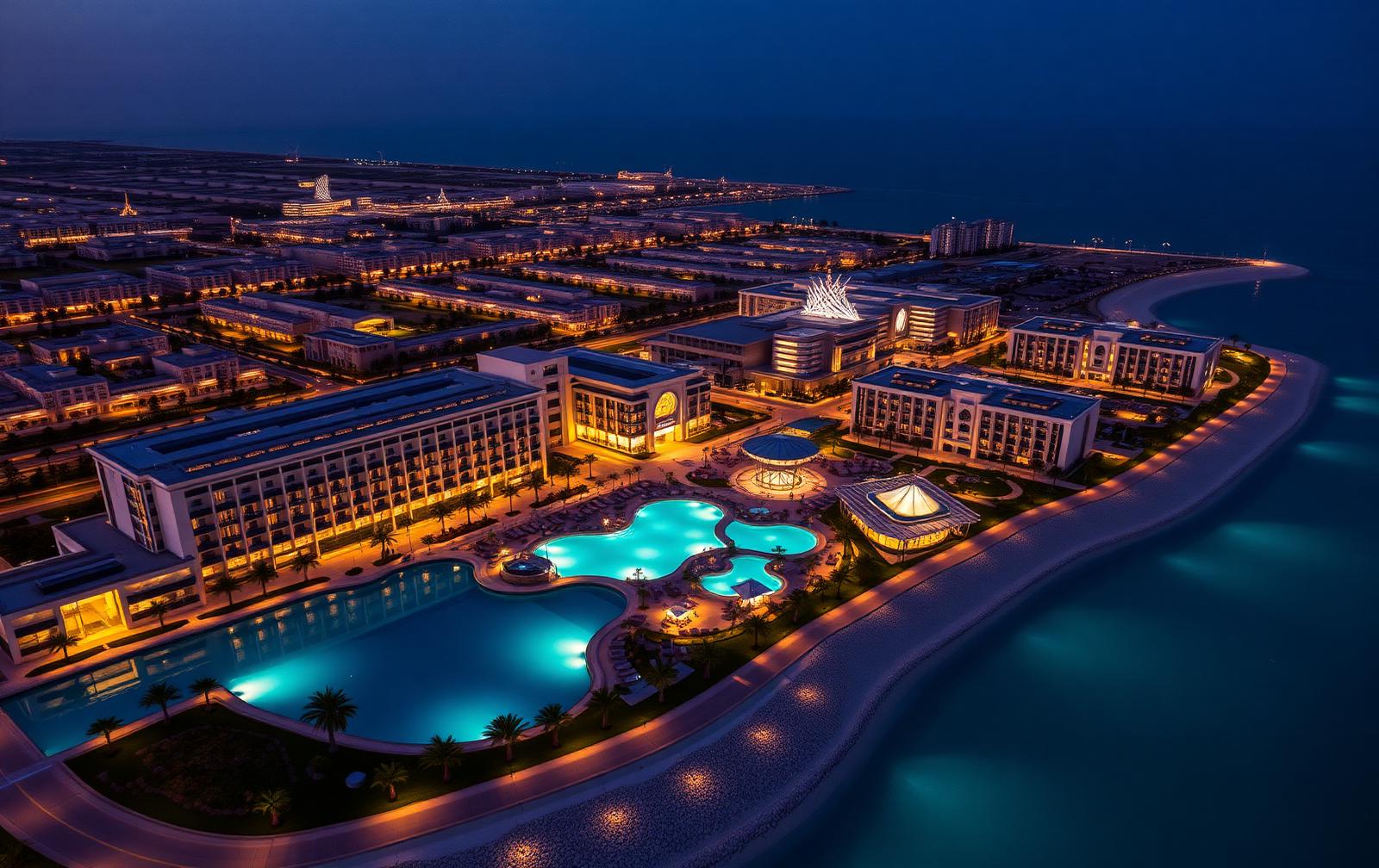 Aerial dusk view of a mixed-use destination arranged around a lagoon