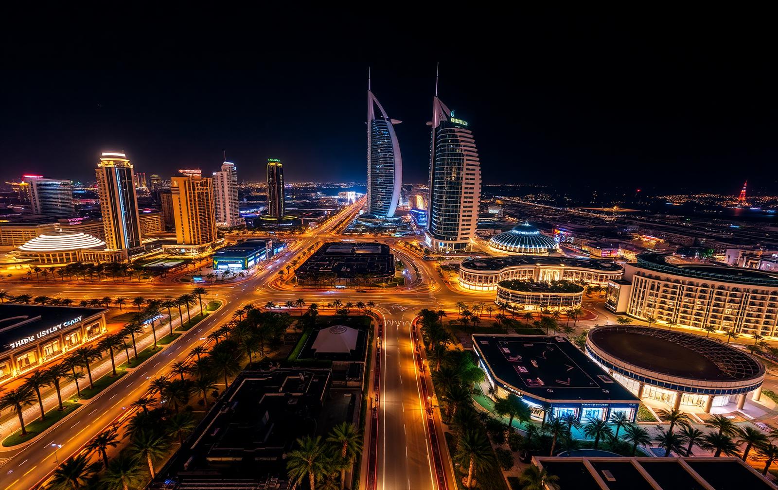 Night aerial of a Dubai retail and hospitality district