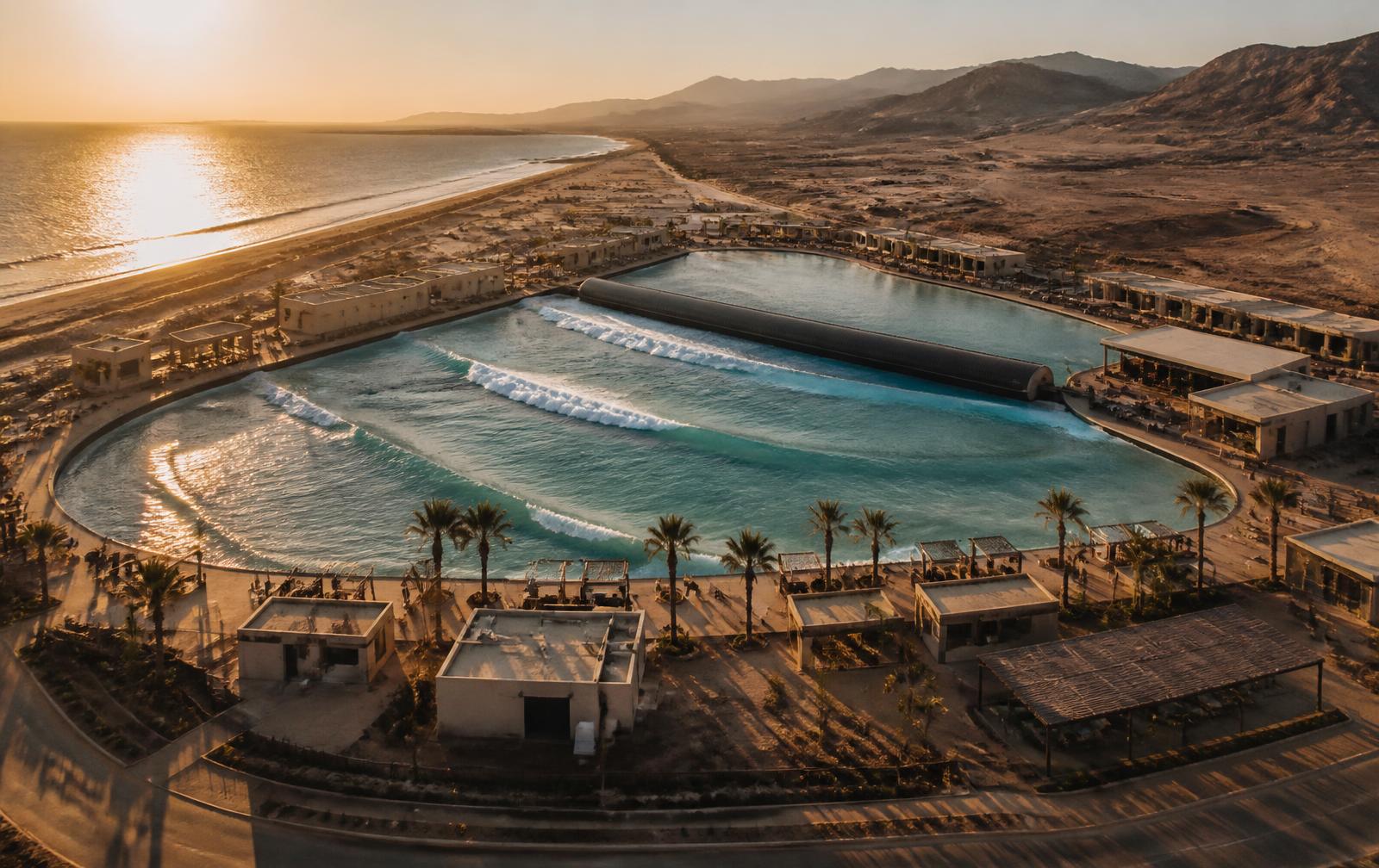 Aerial view of a surf lagoon leisure destination at golden hour
